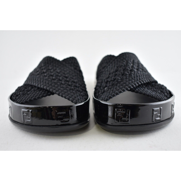 Fendi Black Criss Cross Woven Logo Mule Slide Slip On Flat Flip Flop Sandal 36.5 - Picture 7 of 12